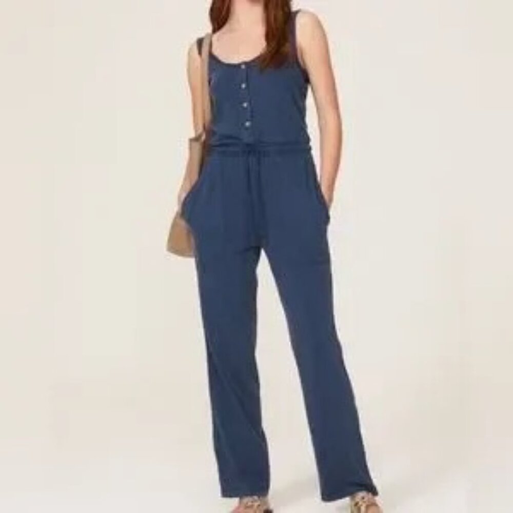 Faherty Jumpsuit Blue Terra Sleeveless Pockets Drawstring Organic - MEDIUM